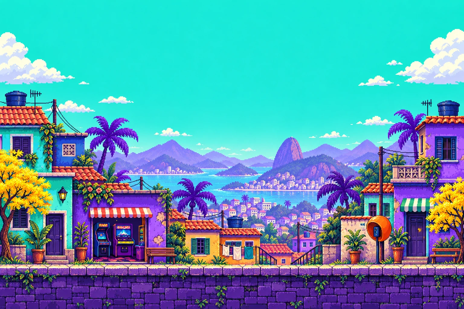Um bairro brasileiro transformado em cenário de jogo, com casas aqua e roxas