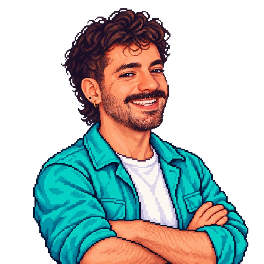 Felipe Pacheco em pixel art, de jaqueta aquamarinho, camiseta branca e bigode